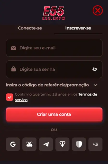 Tela de cadastro simples do E55 Cassino